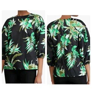 Lauren Ralph Lauren Printed Bishop Sleeve Blouse Palm Leaves Black Size Large